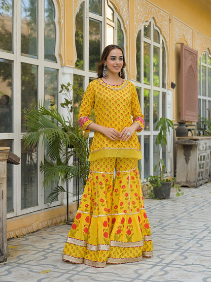 Yellow Muslin Kurti Sharara with Dupatta