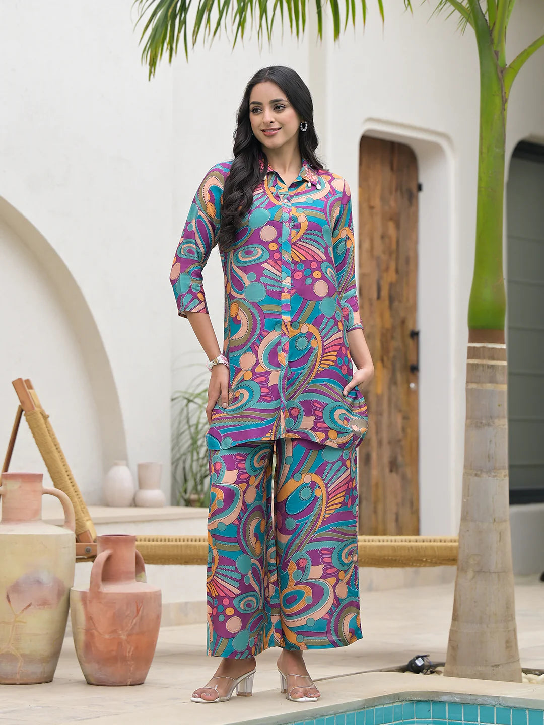 Muslin Purple Casual Digital Print Co-ord Set