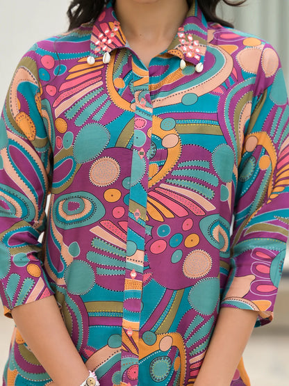 Muslin Purple Casual Digital Print Co-ord Set