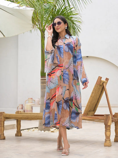 Blue Multi Chinon Digital Print Casual Kaftan Dress