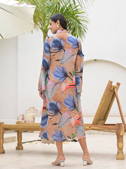 Blue Multi Chinon Digital Print Casual Kaftan Dress