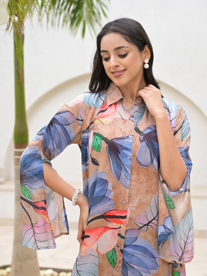 Blue Multi Chinon Digital Print Casual Kaftan Dress