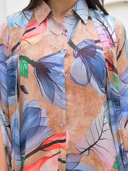 Blue Multi Chinon Digital Print Casual Kaftan Dress