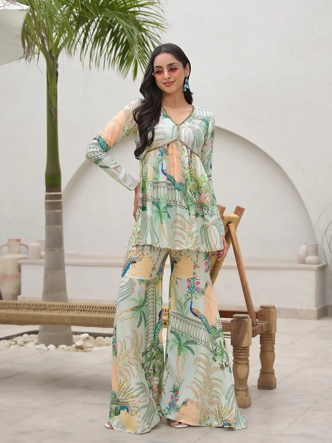 Green Muslin Digital Print Ethnic Co-ord Sets