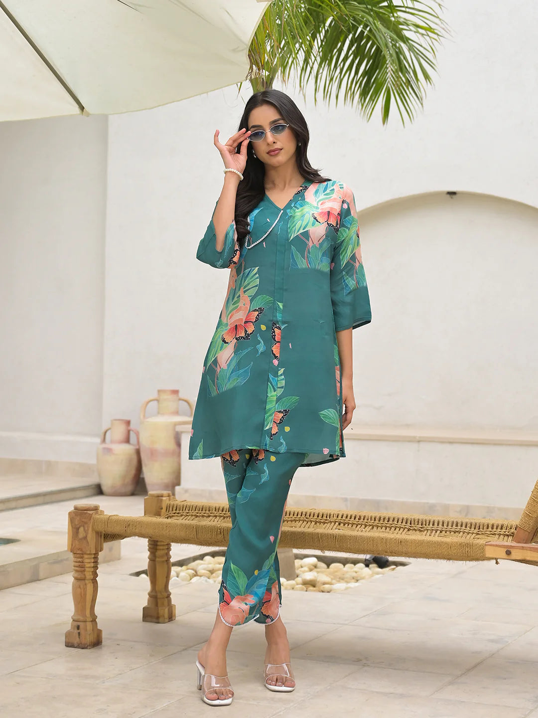 Dark Green Digital Print Muslin Ethnic Co-ord Set