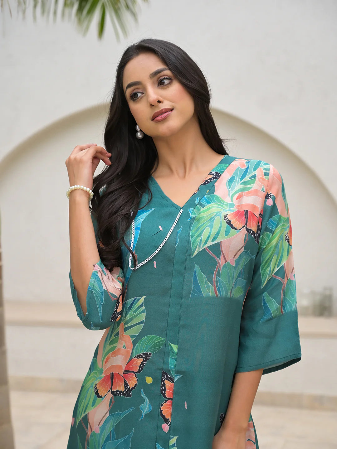 Dark Green Digital Print Muslin Ethnic Co-ord Set
