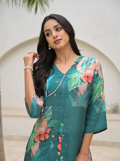 Dark Green Digital Print Muslin Ethnic Co-ord Set