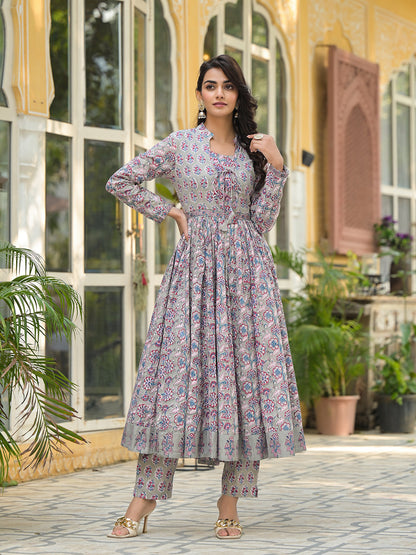 Grey Floral Print Cotton Anarkali Kurta Trouser with Dupatta Set
