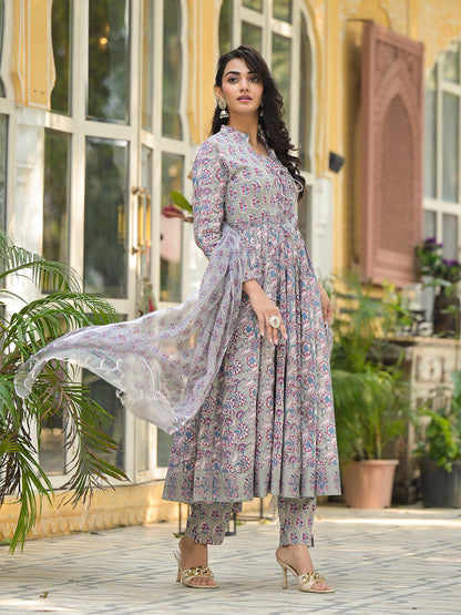 Grey Floral Print Cotton Anarkali Kurta Trouser with Dupatta Set