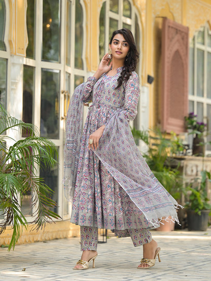 Grey Floral Print Cotton Anarkali Kurta Trouser with Dupatta Set