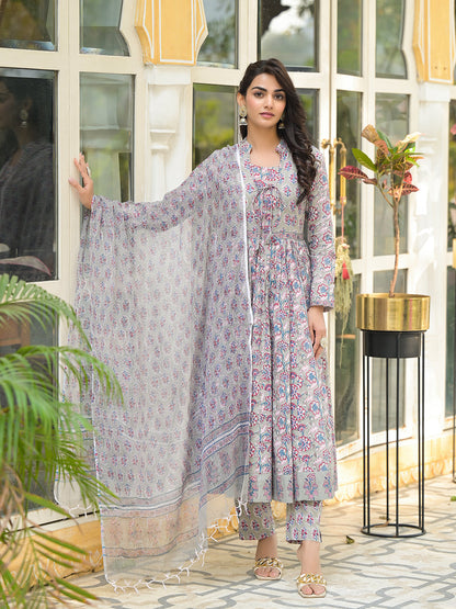 Grey Floral Print Cotton Anarkali Kurta Trouser with Dupatta Set
