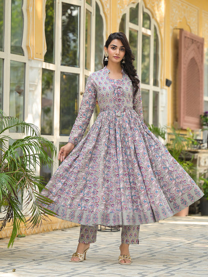 Grey Floral Print Cotton Anarkali Kurta Trouser with Dupatta Set