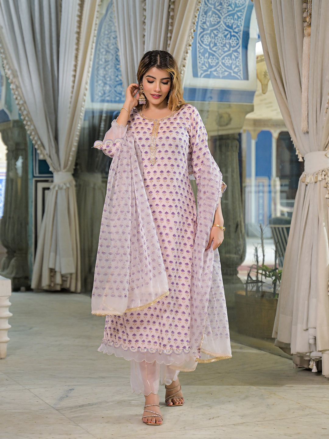 Purple Hand Block Muslin Straight Kurta Pant With Dupatta