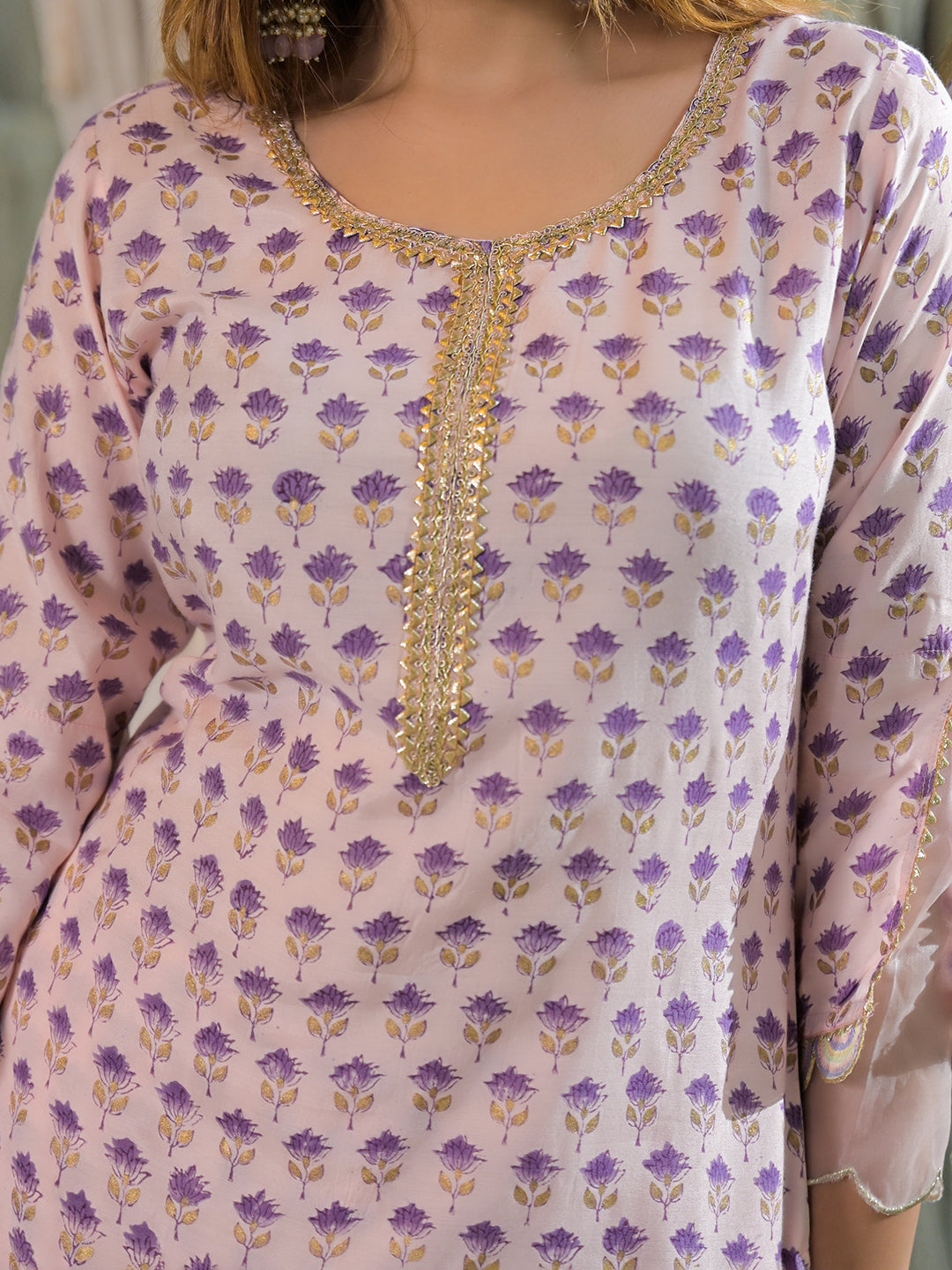 Purple Hand Block Muslin Straight Kurta Pant With Dupatta