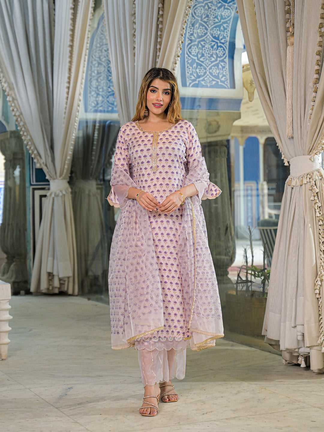 Purple Hand Block Muslin Straight Kurta Pant With Dupatta