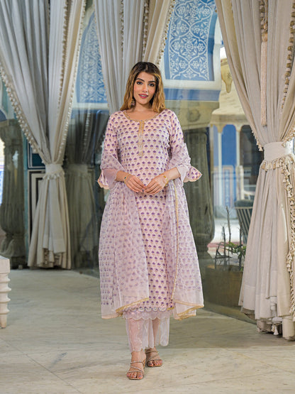 Purple Hand Block Muslin Straight Kurta Pant With Dupatta