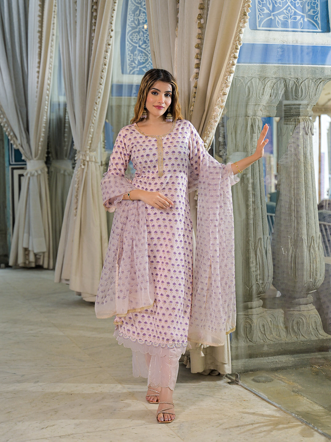 Purple Hand Block Muslin Straight Kurta Pant With Dupatta