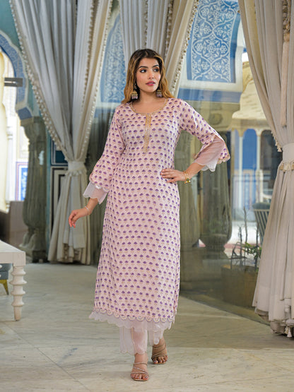 Purple Hand Block Muslin Straight Kurta Pant With Dupatta