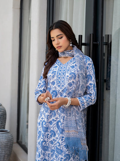 Sky Blue Ethnic Cotton Floral Print Straight Kurta Sets
