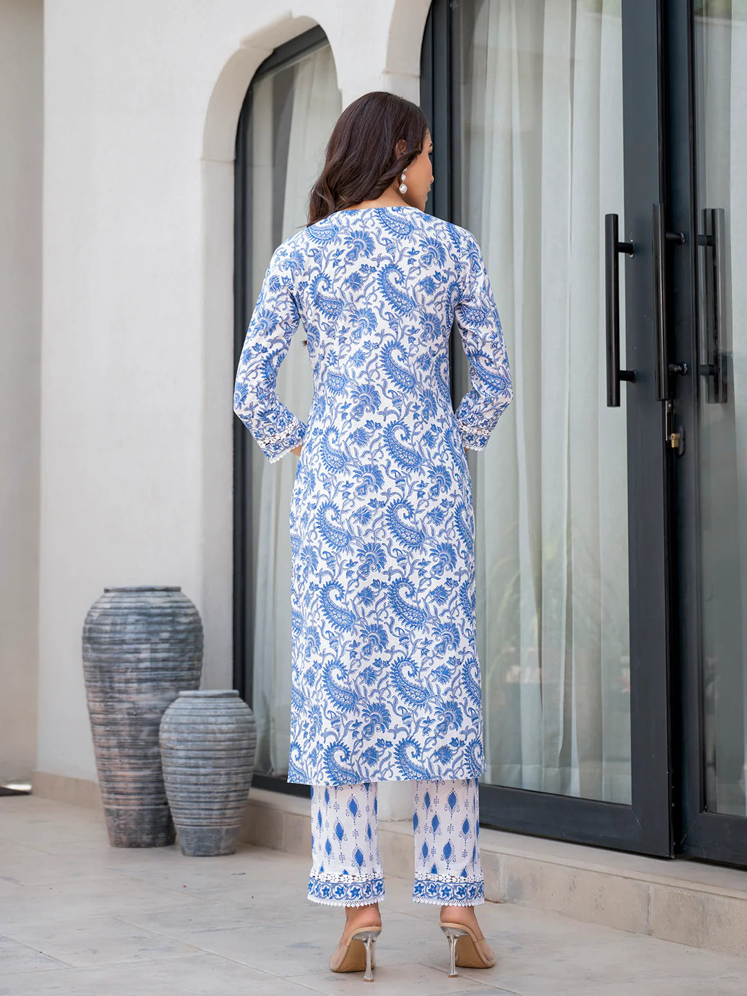 Sky Blue Ethnic Cotton Floral Print Straight Kurta Sets