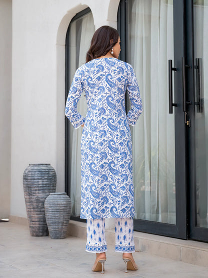 Sky Blue Ethnic Cotton Floral Print Straight Kurta Sets