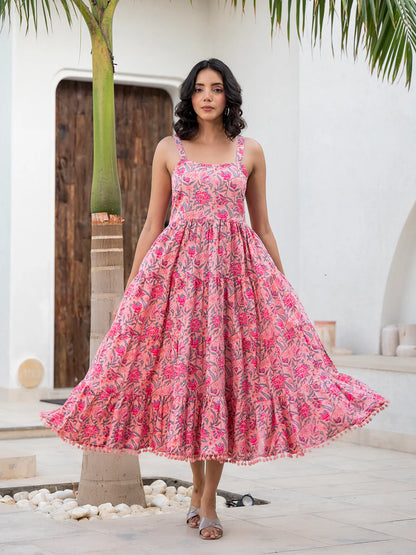 Pink Cotton Floral Printed Calf Length Ethnic Dress