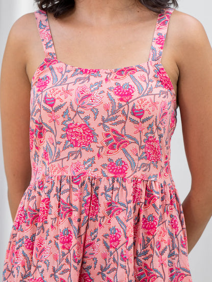 Pink Cotton Floral Printed Calf Length Ethnic Dress
