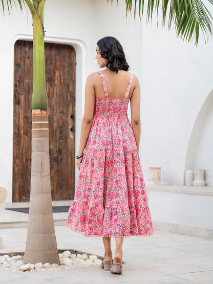 Pink Cotton Floral Printed Calf Length Ethnic Dress