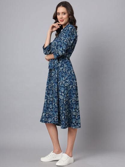 Blue Floral Print Rayon Midi Dress