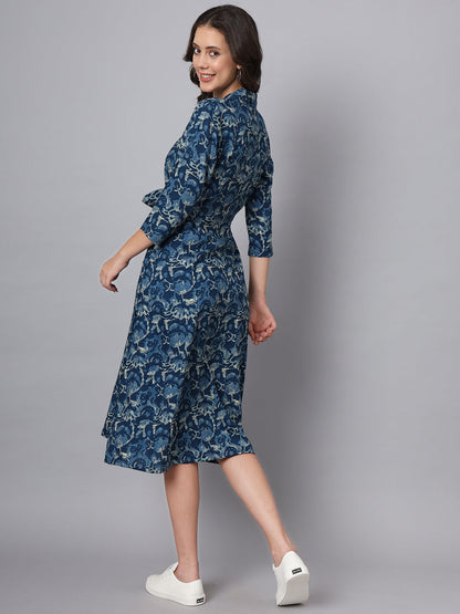 Blue Floral Print Rayon Midi Dress