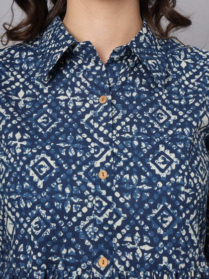 Blue Floral Print Cotton Midi Dress