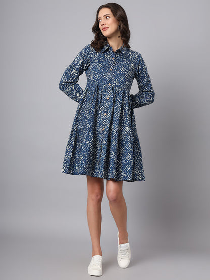 Blue Floral Print Cotton Midi Dress