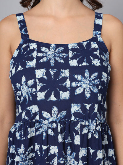 Blue Printed Cotton Fabric Fit & Flare Dress
