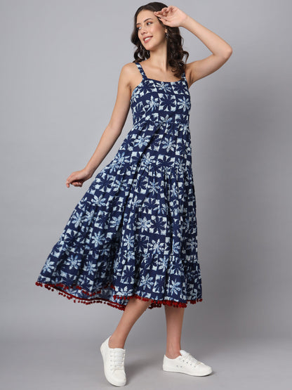 Blue Printed Cotton Fabric Fit & Flare Dress