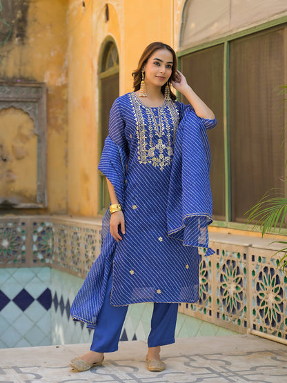 Blue Leheriya Kota Doria Kurta Pant With Dupatta