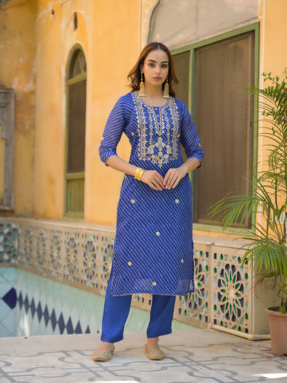 Blue Leheriya Kota Doria Kurta Pant With Dupatta