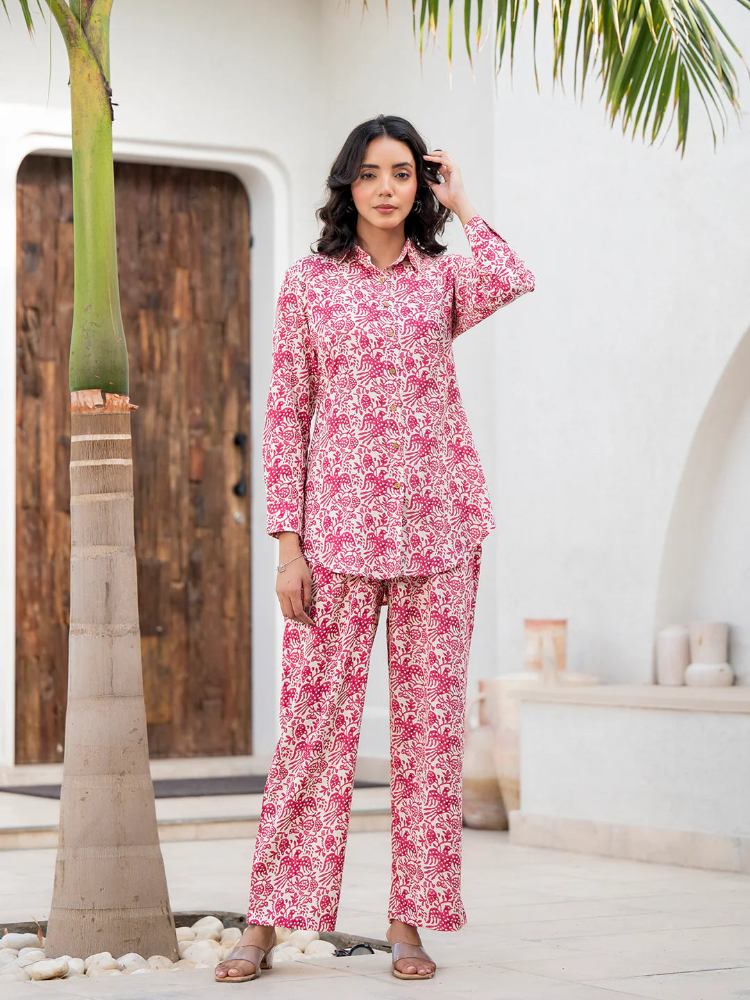 Red Ethnic Viscose Rayon Floral Print Casual Co-ord Sets
