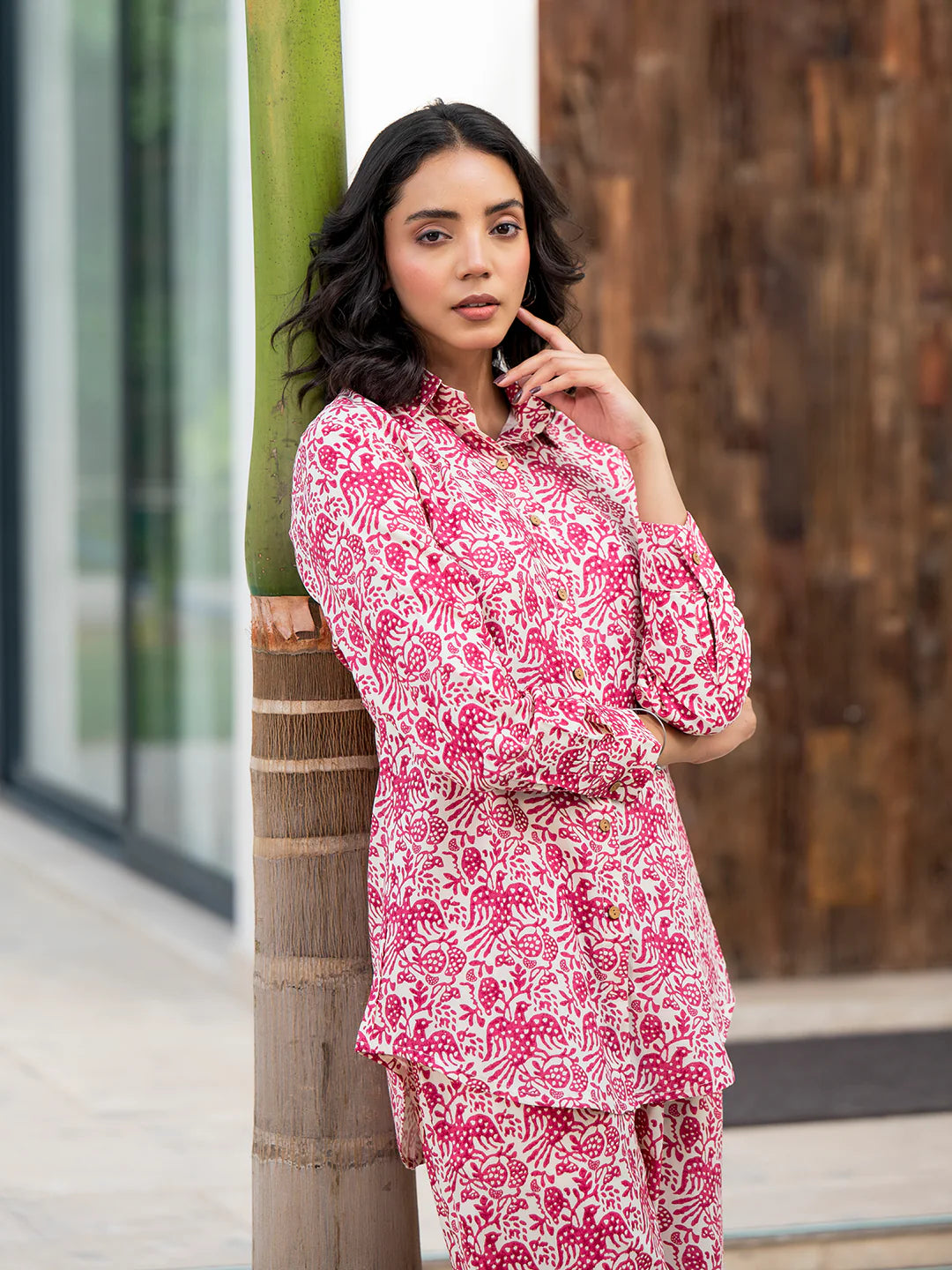 Red Ethnic Viscose Rayon Floral Print Casual Co-ord Sets