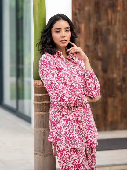 Red Ethnic Viscose Rayon Floral Print Casual Co-ord Sets