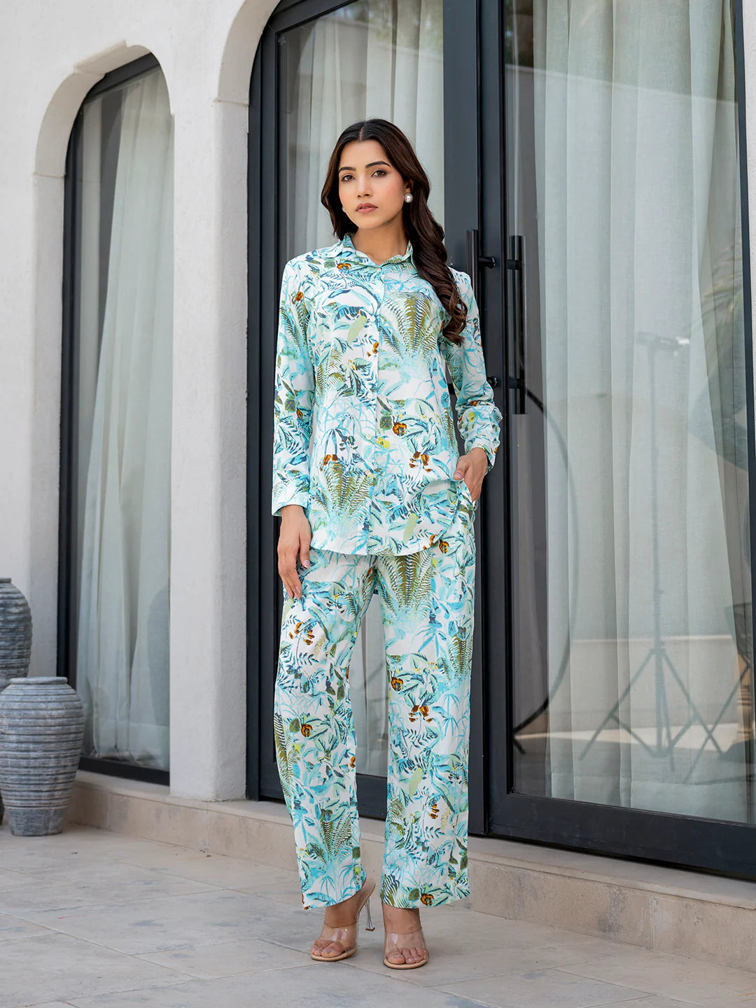 Viscose Rayon Sky Blue Floral Print Ethnic Co-od Sets