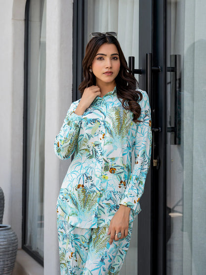 Viscose Rayon Sky Blue Floral Print Ethnic Co-od Sets