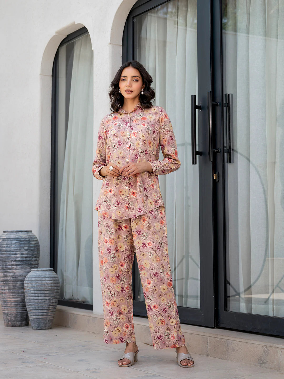 Purple Floral Viscose Rayon Ethnic Casual Co-ord Sets