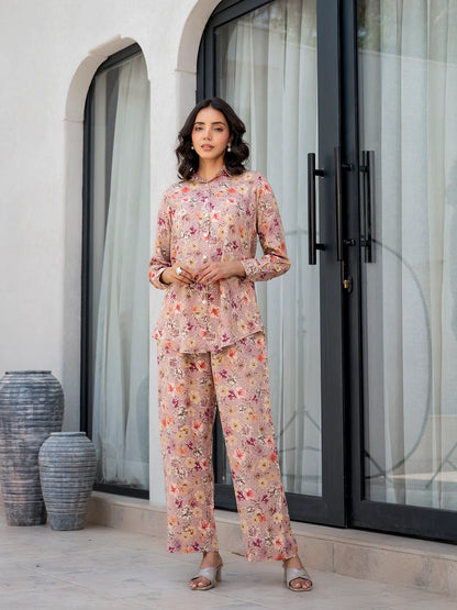 Purple Floral Viscose Rayon Ethnic Casual Co-ord Sets