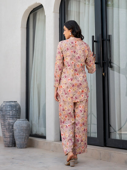 Purple Floral Viscose Rayon Ethnic Casual Co-ord Sets
