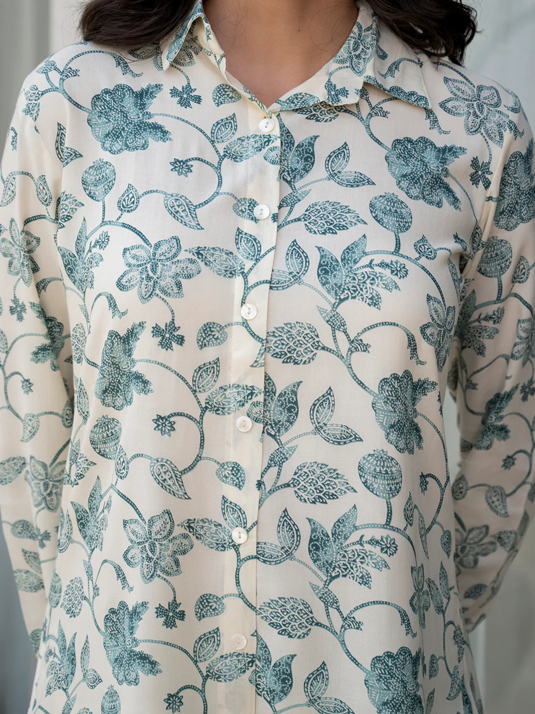 White & Green Viscose Rayon Ethnic Floral Casual Co-ord Sets