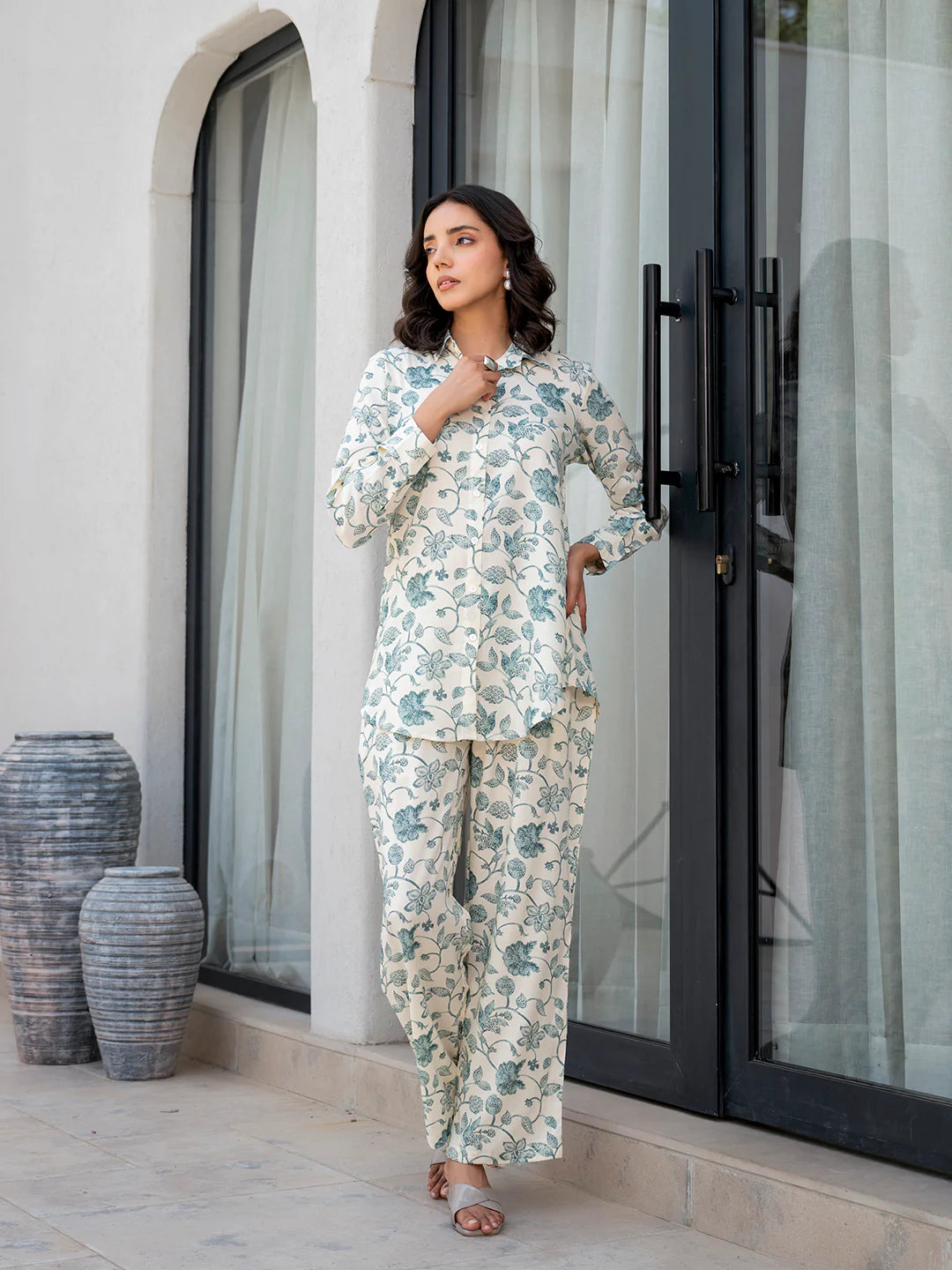 White & Green Viscose Rayon Ethnic Floral Casual Co-ord Sets