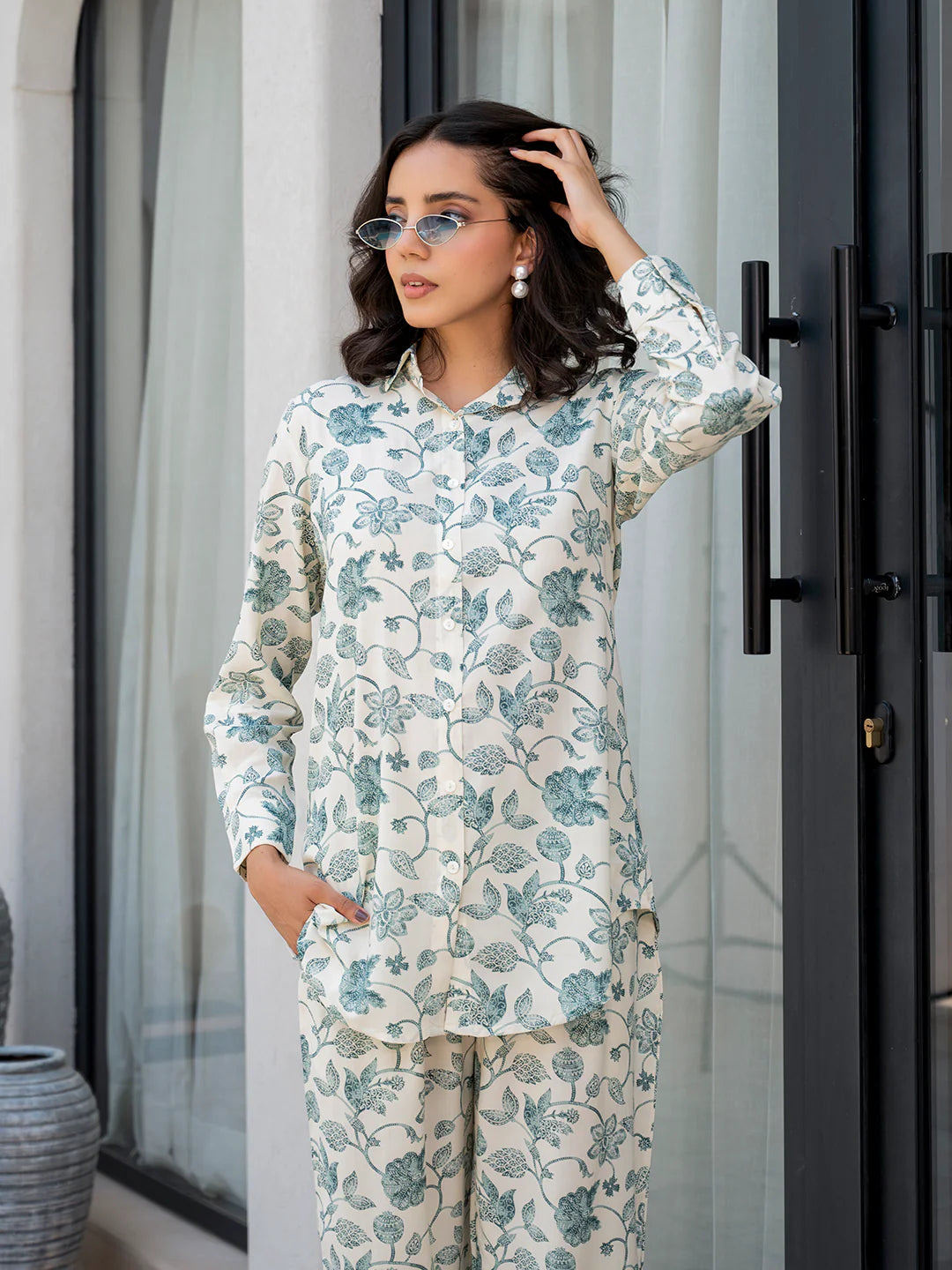 White & Green Viscose Rayon Ethnic Floral Casual Co-ord Sets