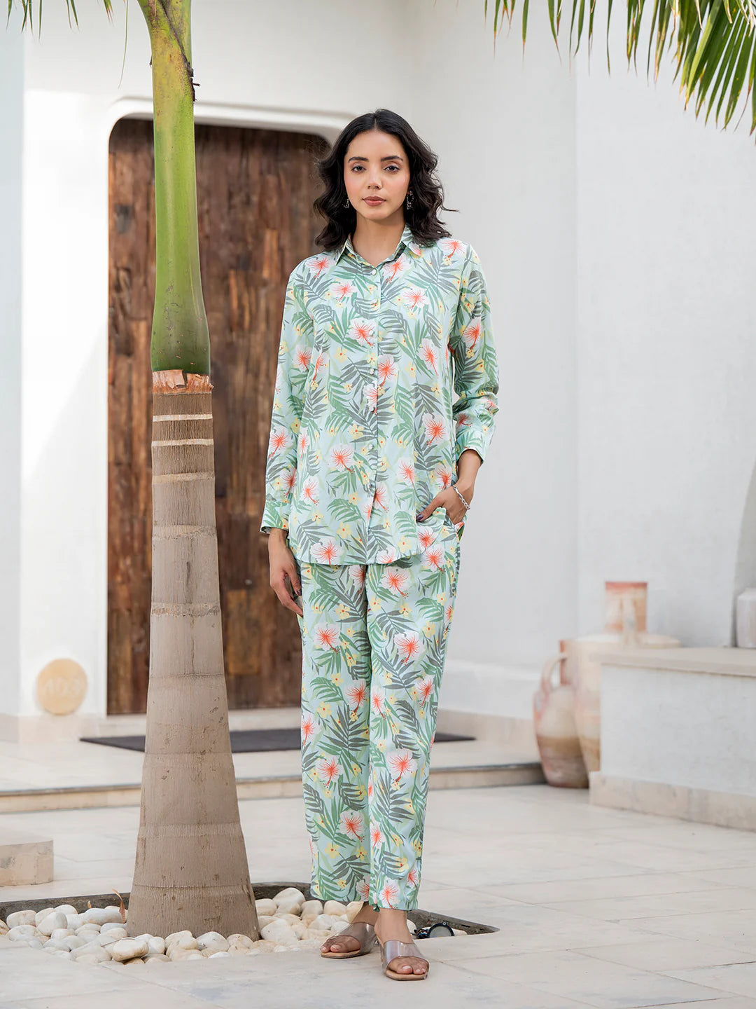 Sky Blue Ethinc Viscose Rayon Floral Print Co-ord Sets