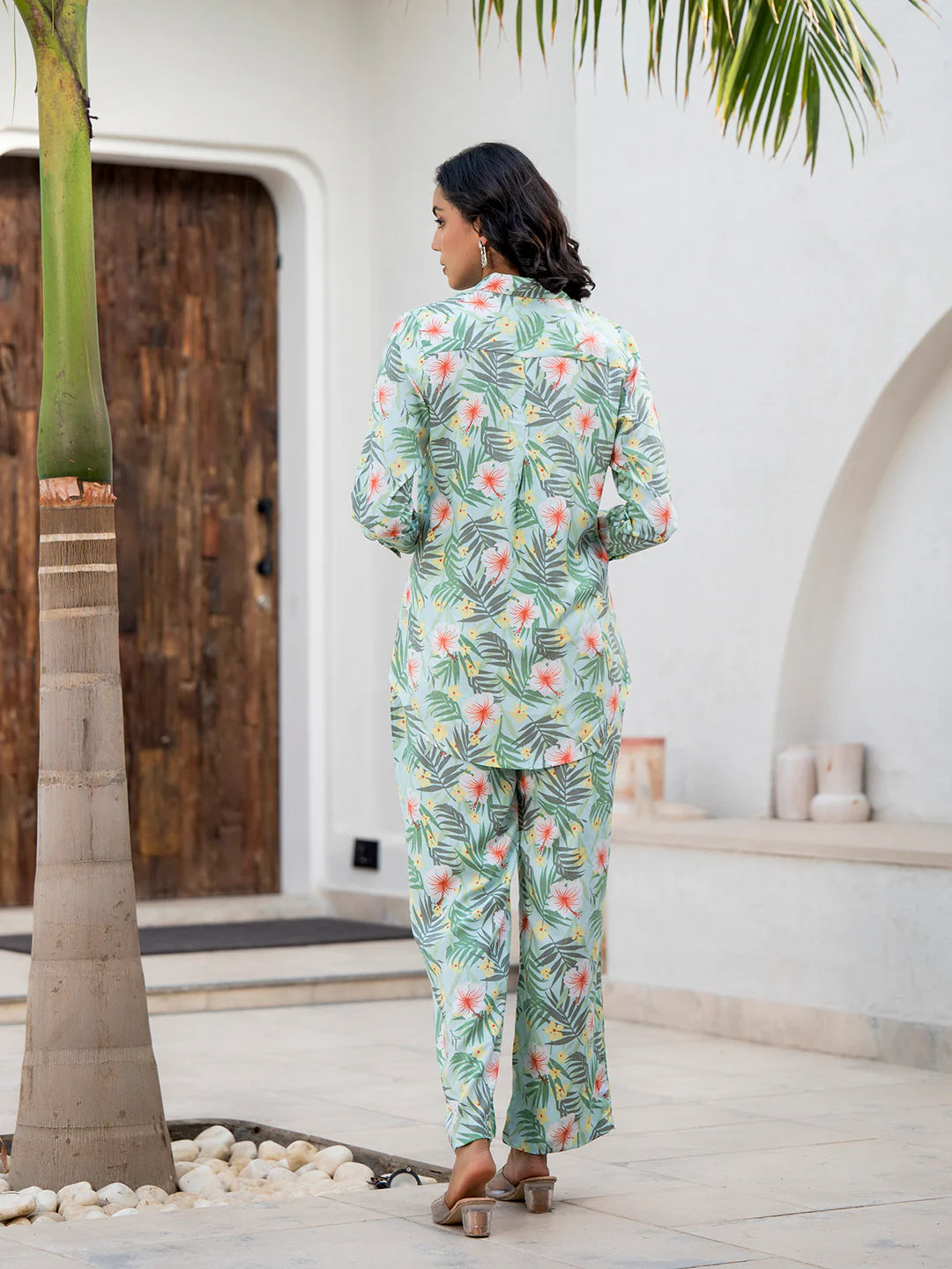 Sky Blue Ethinc Viscose Rayon Floral Print Co-ord Sets