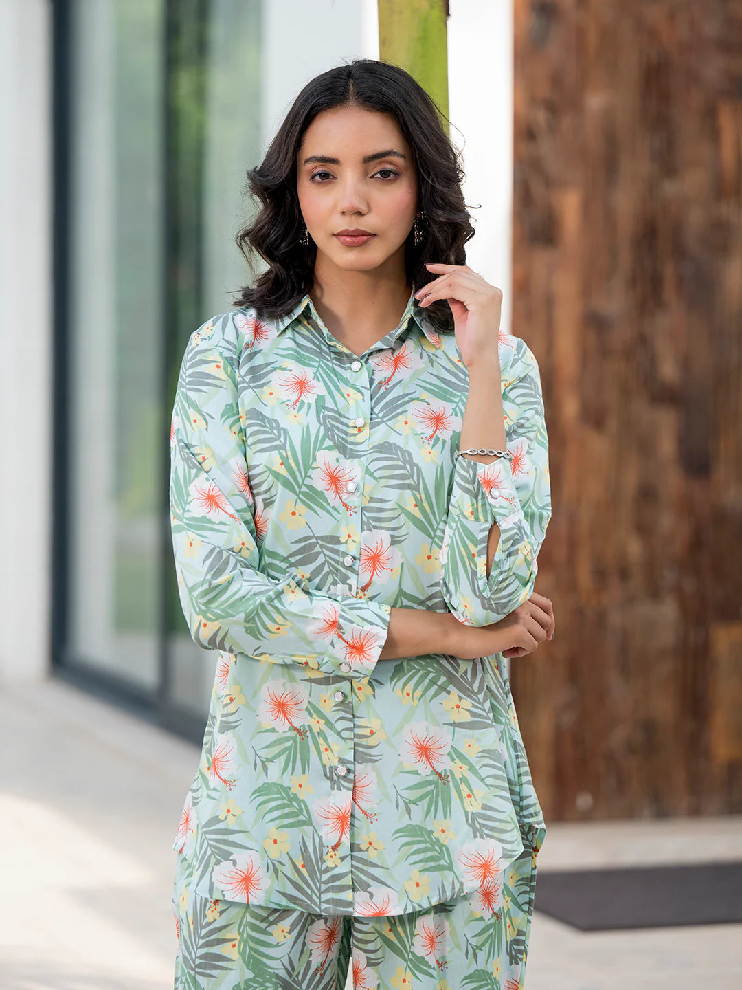 Sky Blue Ethinc Viscose Rayon Floral Print Co-ord Sets